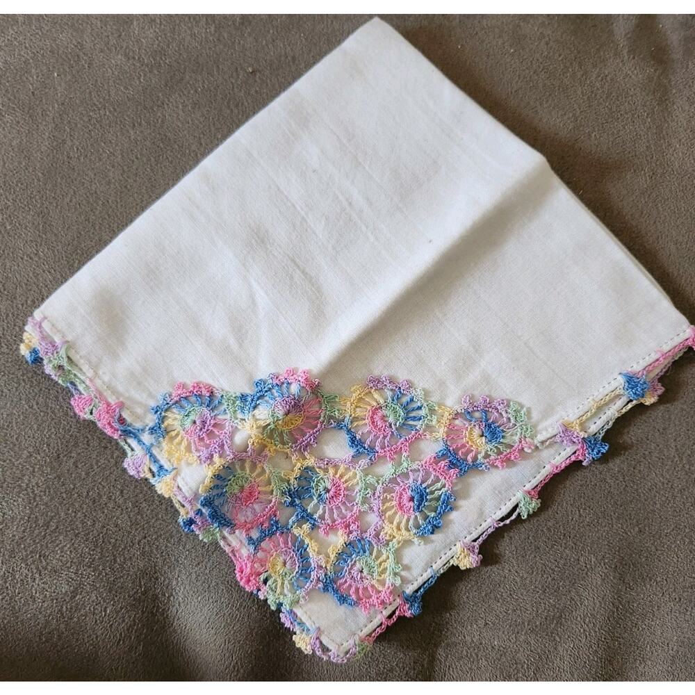 Vintage Crocheted Tatted Multi-colored Handkerchief